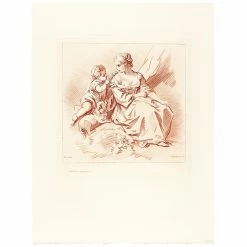 Jeune Fille Assise à Côté D'un Enfant Et D'un Chien - Auguste Péquégnot