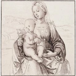 Vierge à L'enfant, Assise, Qui Lit Dans Un Paysage - Raphaël